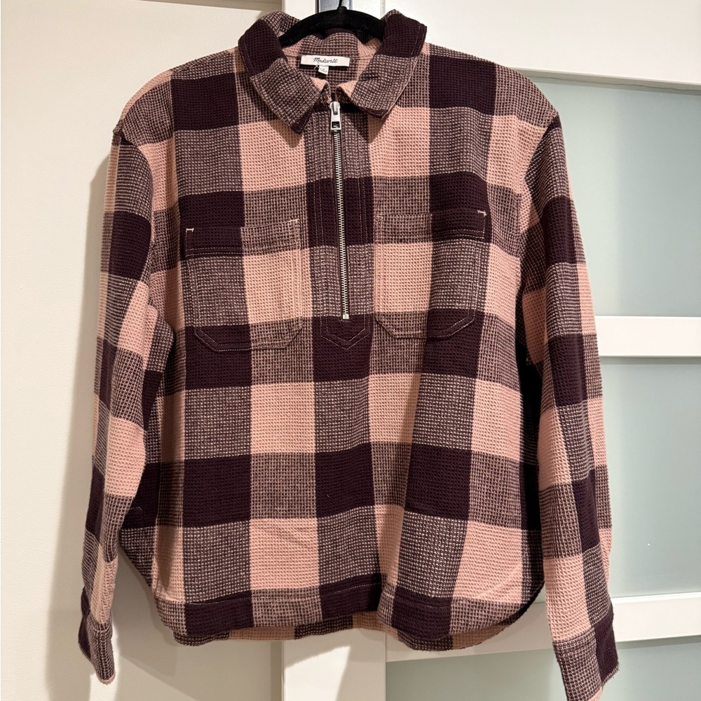 NWT!! Madewell Checkered Quarter-Zip Shirt in Pink and Brown. Waffle texture.